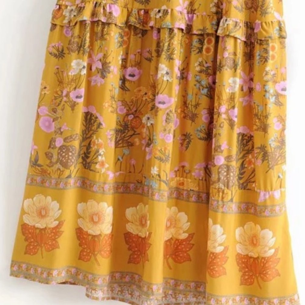Boho 60s Floral Gypsy Print Maxi Dress Yellow - Picture 9 of 14